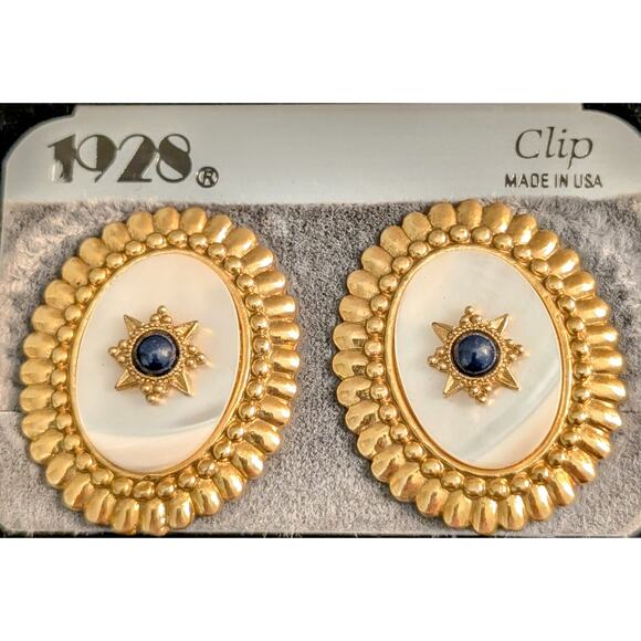 NWT Vintage 1928 Mother of Pearl Blue Stone Clip On Earrings - Picture 1 of 5